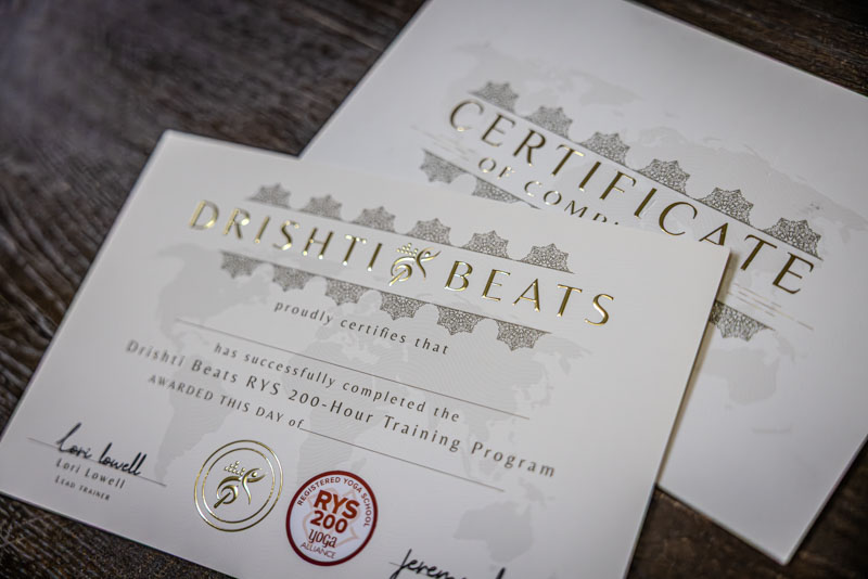 Drishti Beats 200-Hour Yoga Teacher Training certificate, gold foil on cream cardstock, signed by Lori and Jeremy Lowell