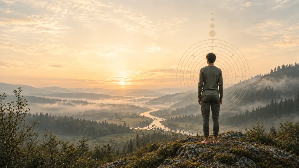 The established coaching programme artwork: a person overlooking a mountain valley with the Drishti labyrinth motif